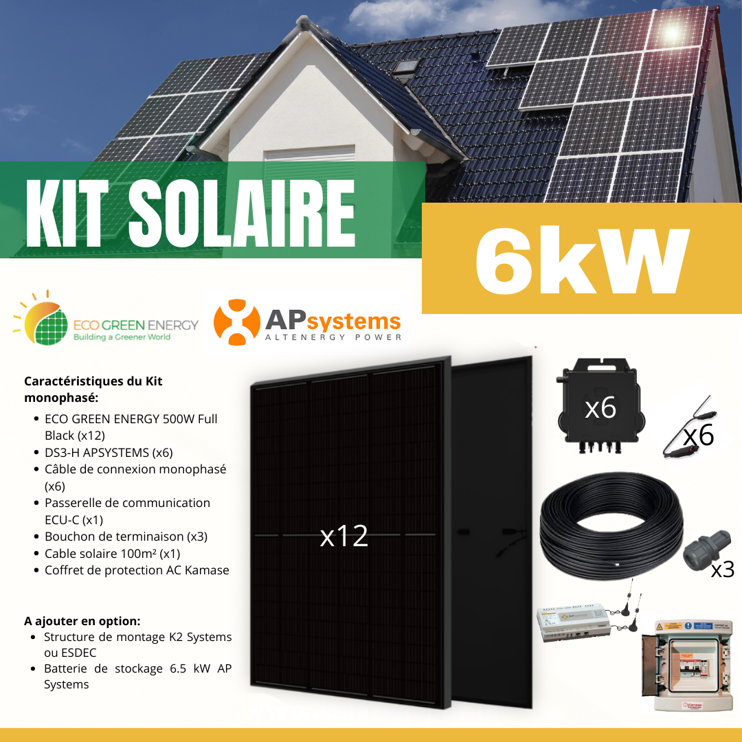 découvrez notre kit photovoltaïque de 6 kw, une solution idéale pour produire votre propre électricité et réduire vos factures. facile à installer et adapté à tous types de toits, ce kit vous permet de bénéficier d'une énergie renouvelable tout en respectant l'environnement. transformez votre foyer en un espace éco-responsable dès aujourd'hui!